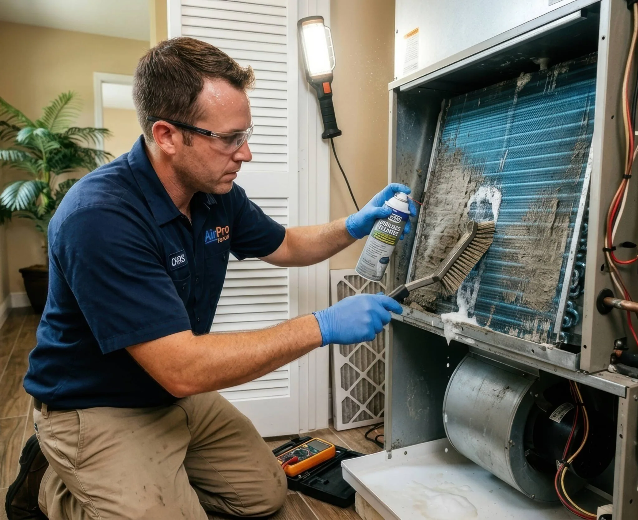 Technician cleaning HVAC coils in New Orleans