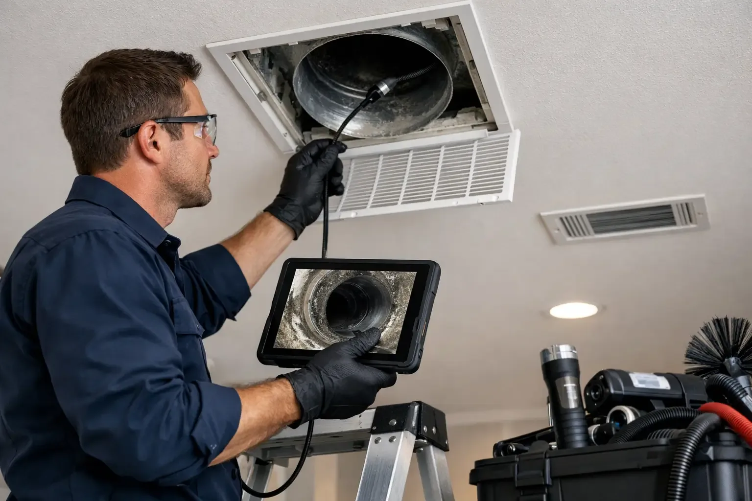Technician inspecting ductwork with a camera in New Orleans