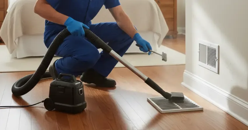 Technician cleaning a floor register in New Orleans