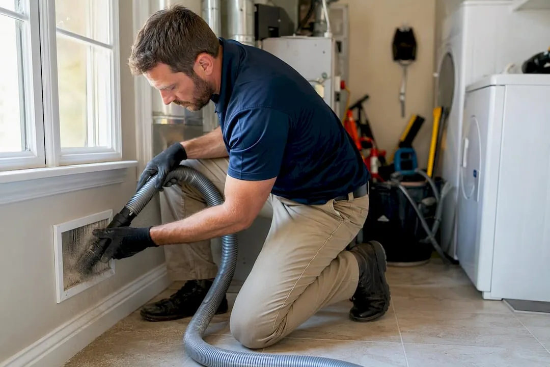Technician cleaning a residential air vent in New Orleans