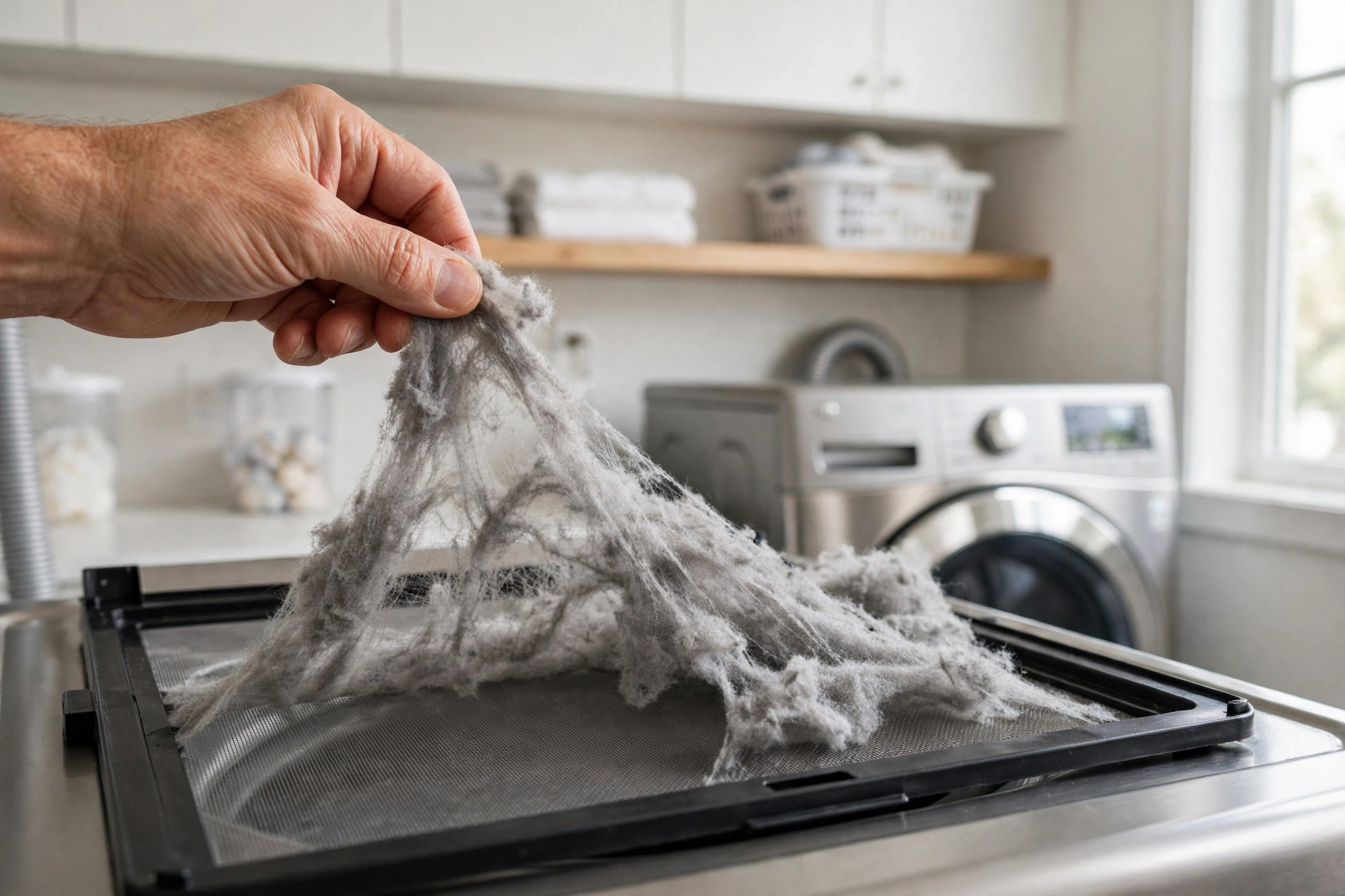 homeowner emptying a full lint trap from a dryer