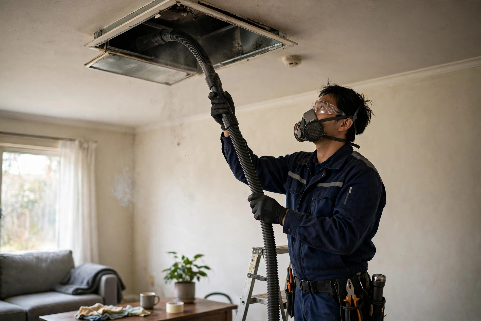 Technician cleaning a ceiling air vent to remove trapped smoke odor from ductwork