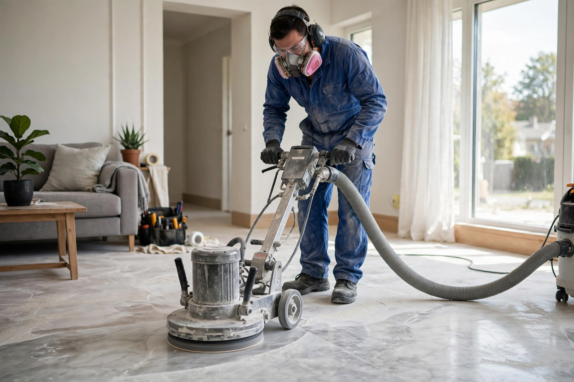Restoration technician honing a marble floor with a professional diamond grinding machine