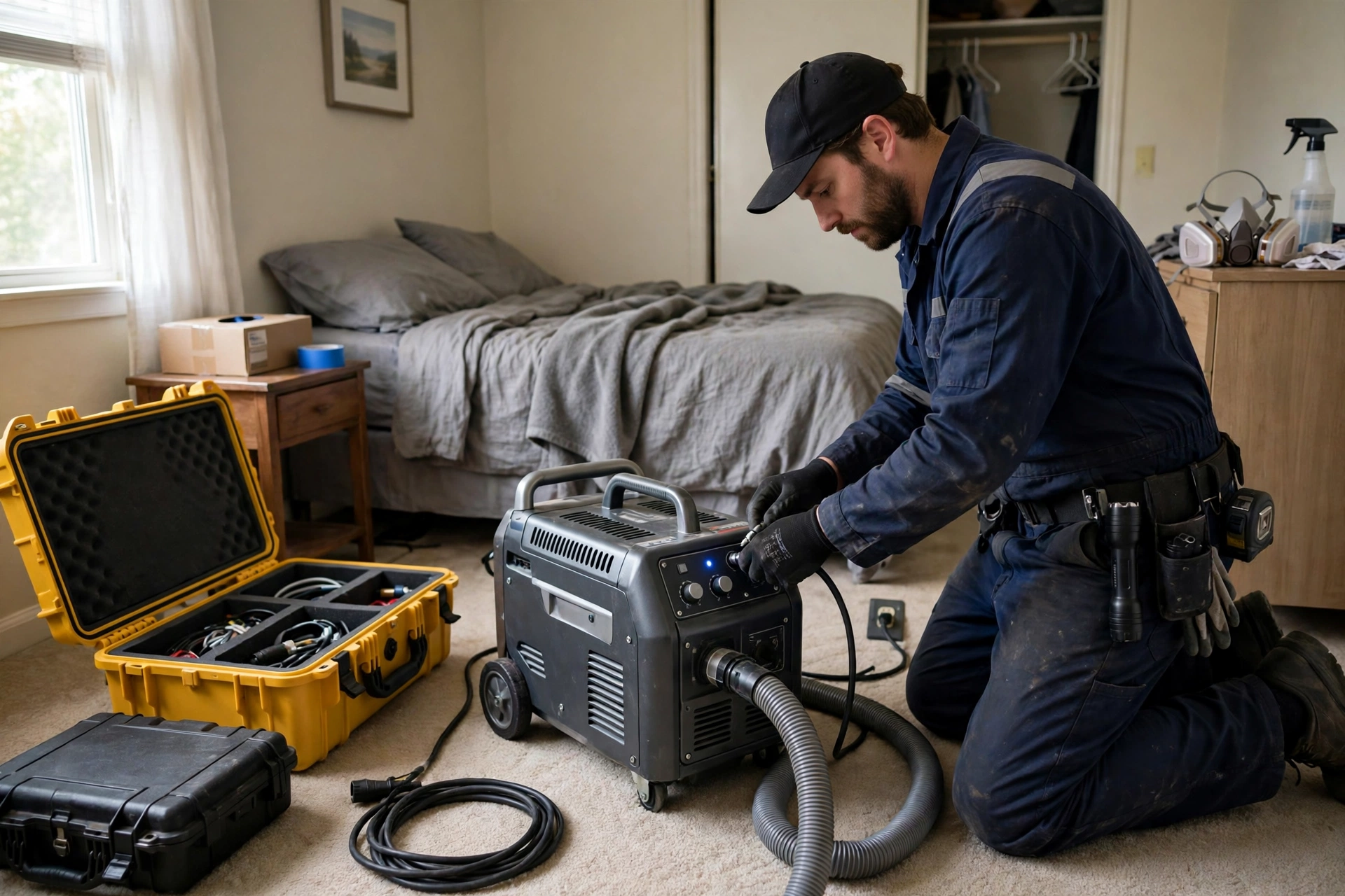 Technician placing a hydroxyl generator for professional smoke odor treatment