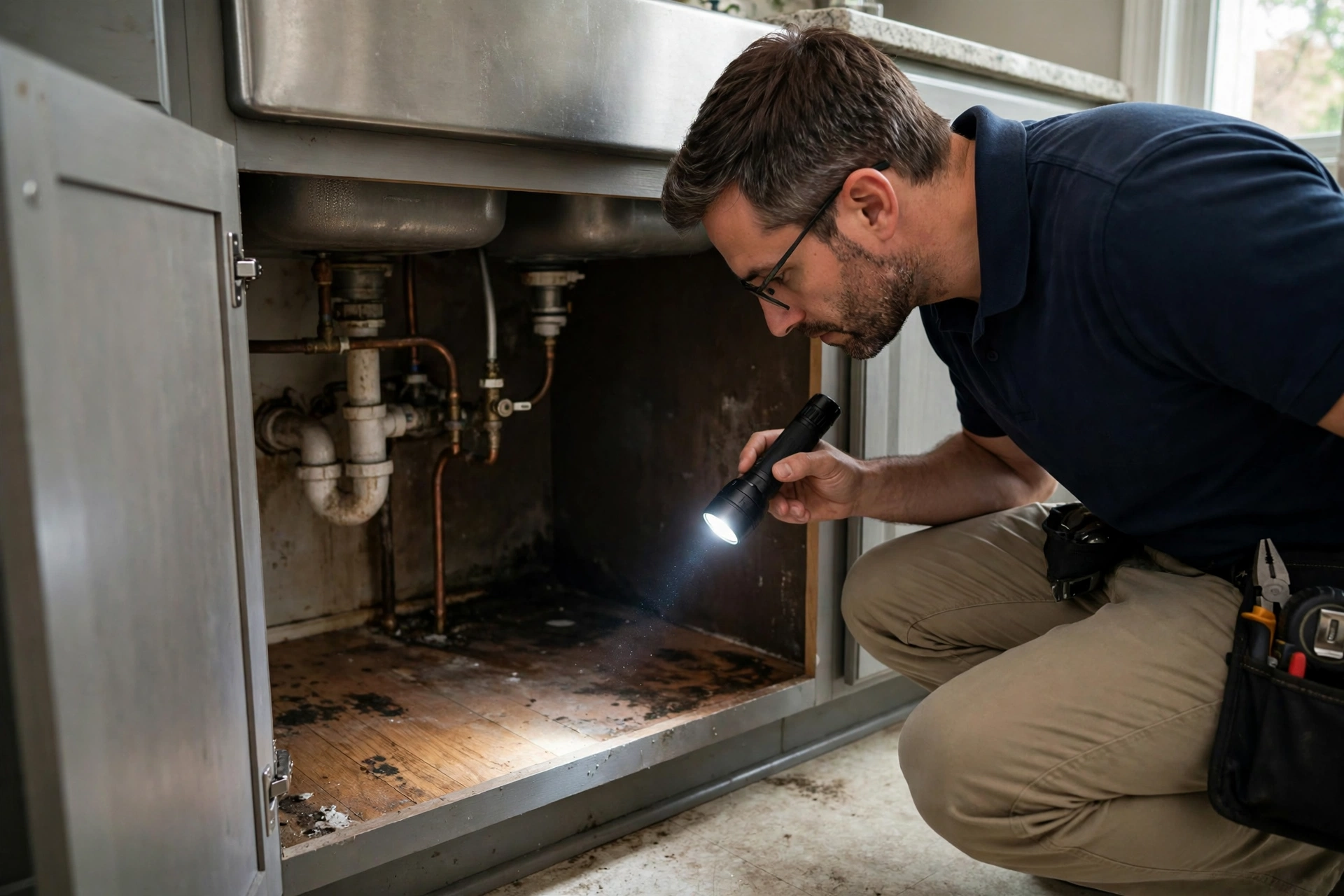 Inspector examining plumbing under a kitchen sink for signs of mold growth