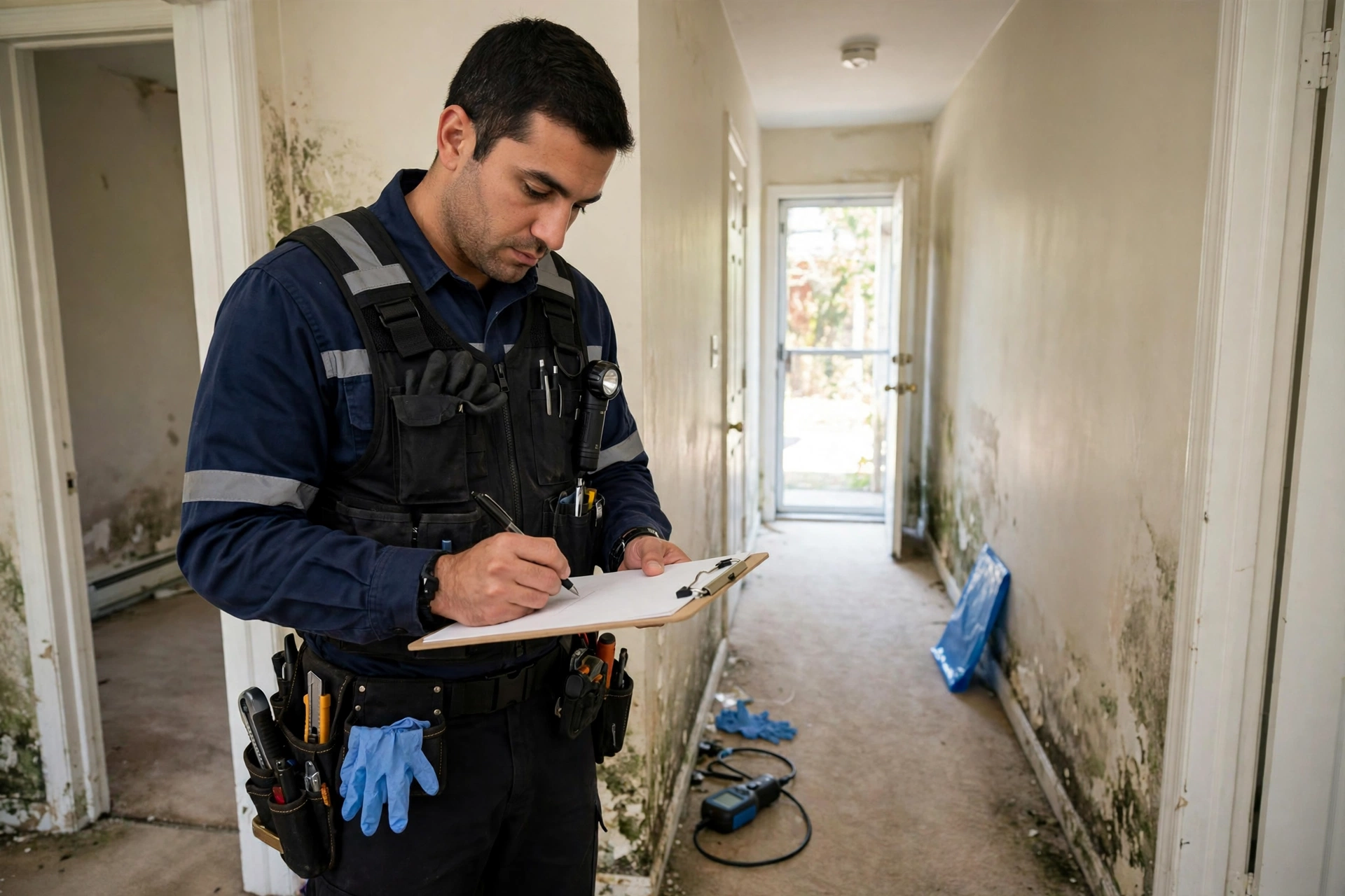 Mold inspector reviewing findings on a clipboard inside a New Orleans home