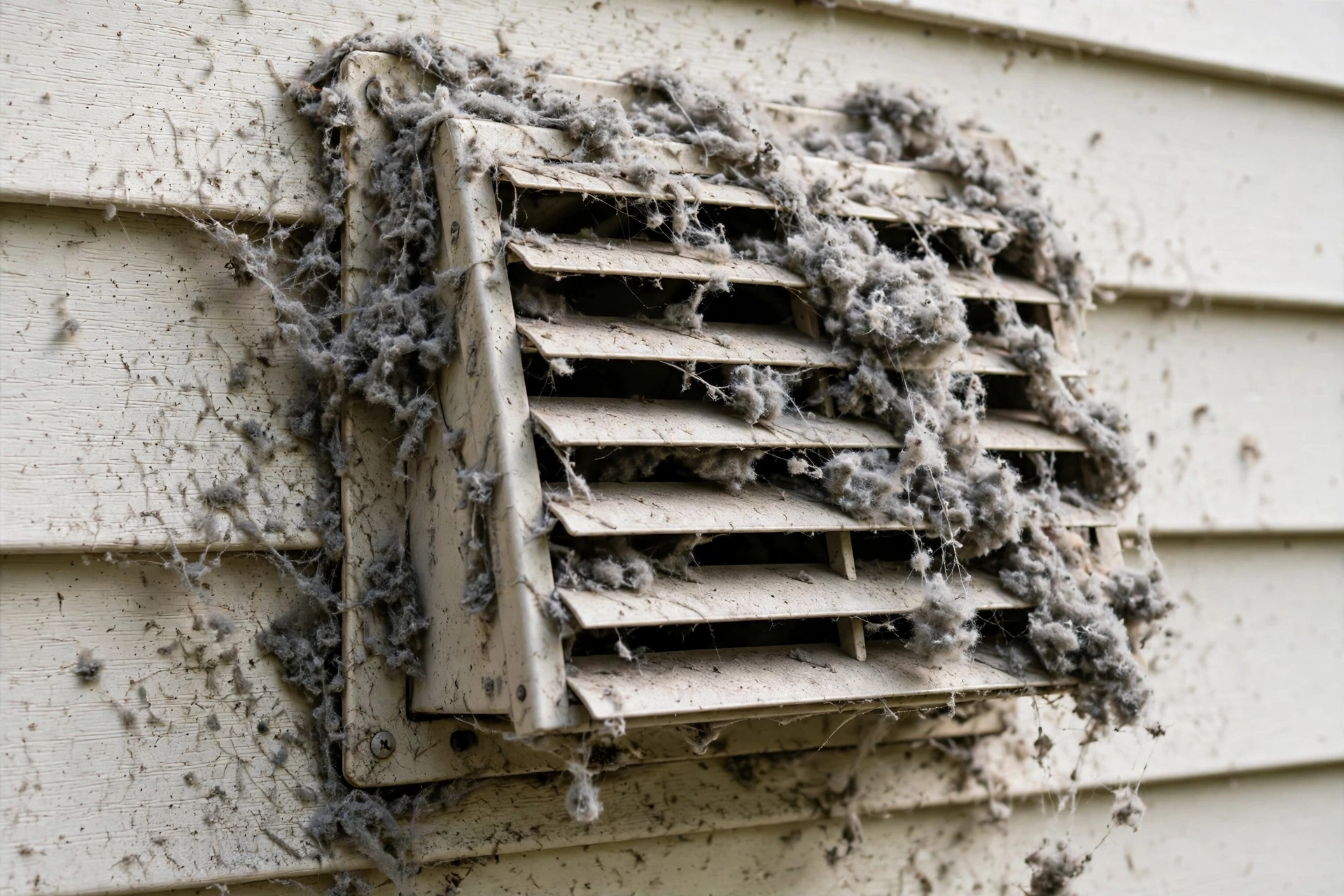 close-up of lint buildup packed around an exterior dryer vent hood