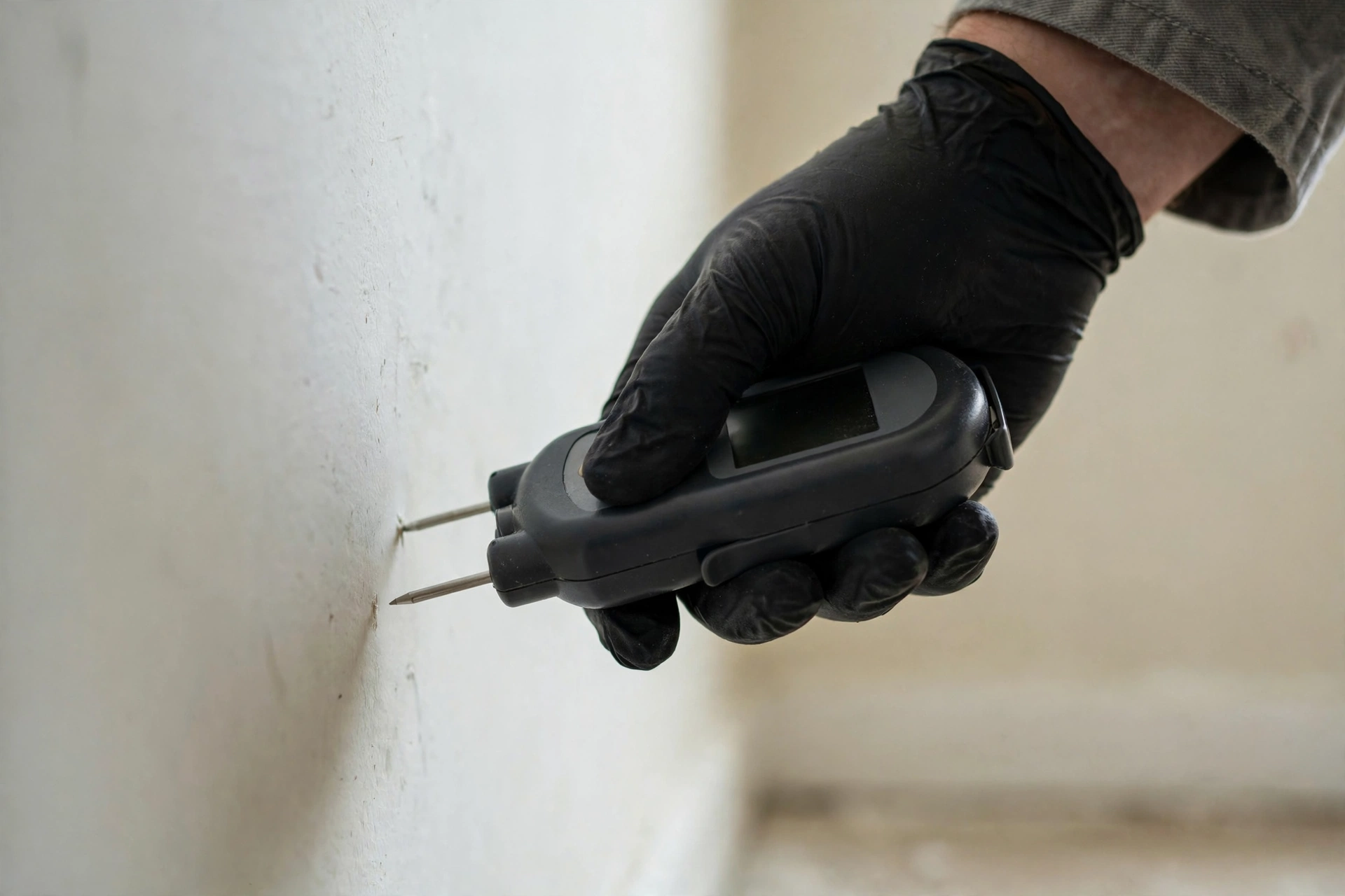 Mold inspector using a moisture meter on drywall to detect hidden dampness