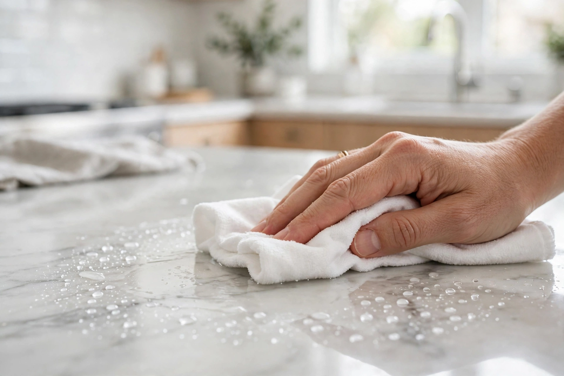 Hand wiping a polished, sealed marble countertop with water beading on the surface