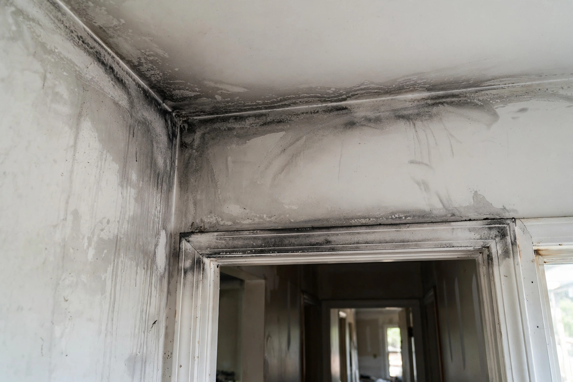 Soot staining on a wall and ceiling corner after a house fire
