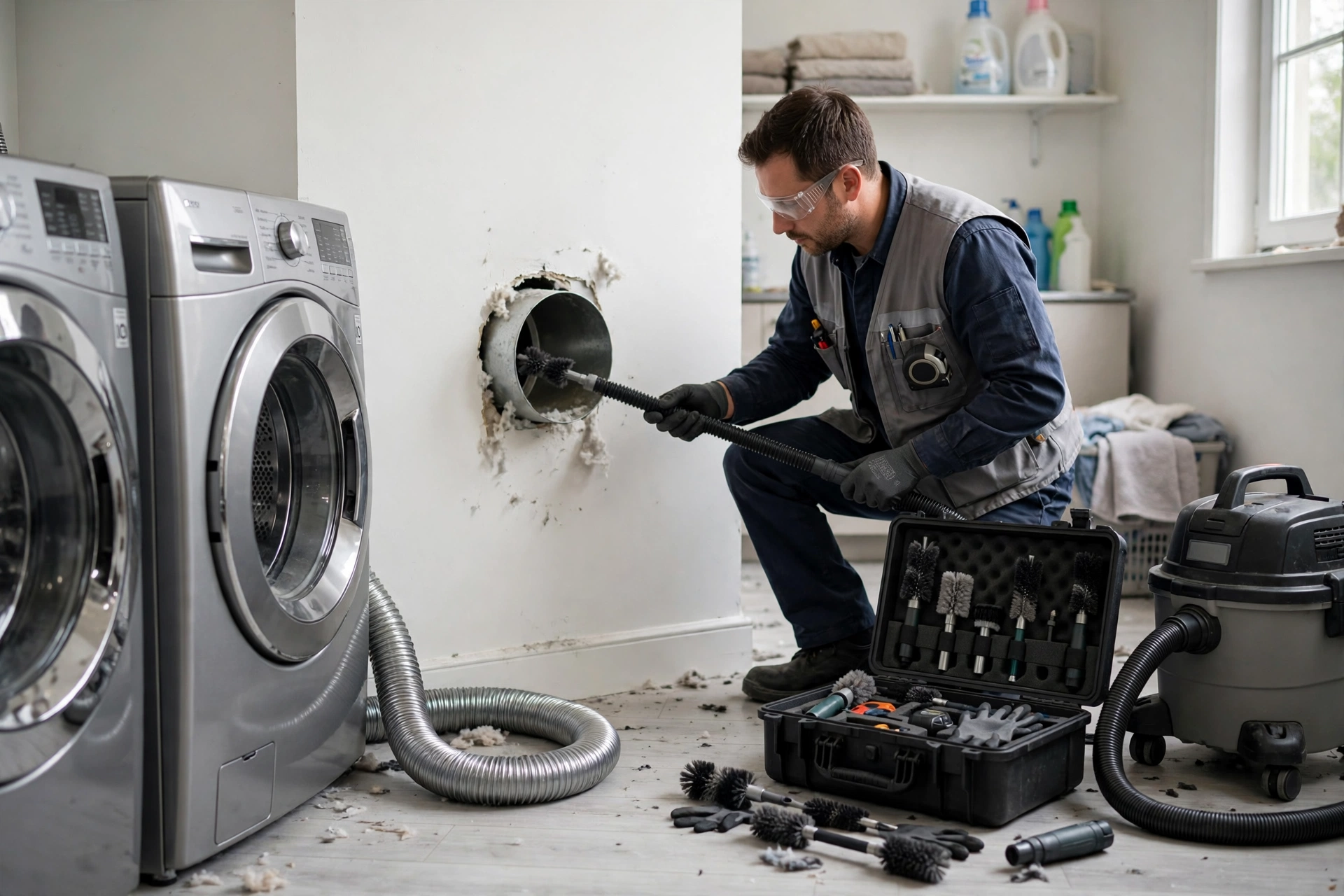 restoration technician cleaning a dryer vent with a rotary brush kit in a laundry room