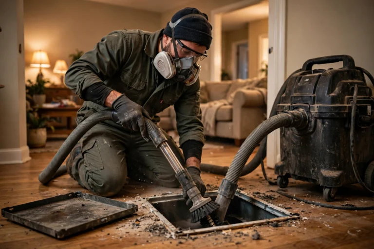 Technician cleaning a residential air duct with a vacuum and brush tool