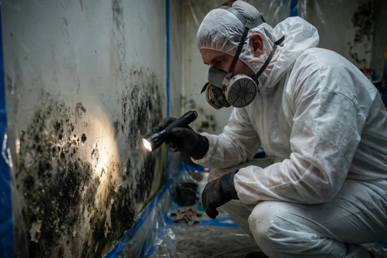 Restoration technician in protective gear inspecting black mold on a damp wall