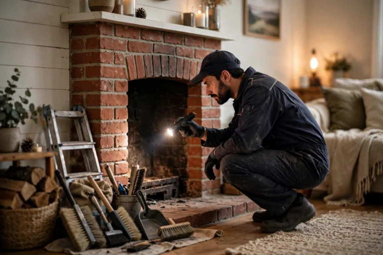 Chimney sweep technician in uniform inspecting a brick fireplace firebox with a flashlight