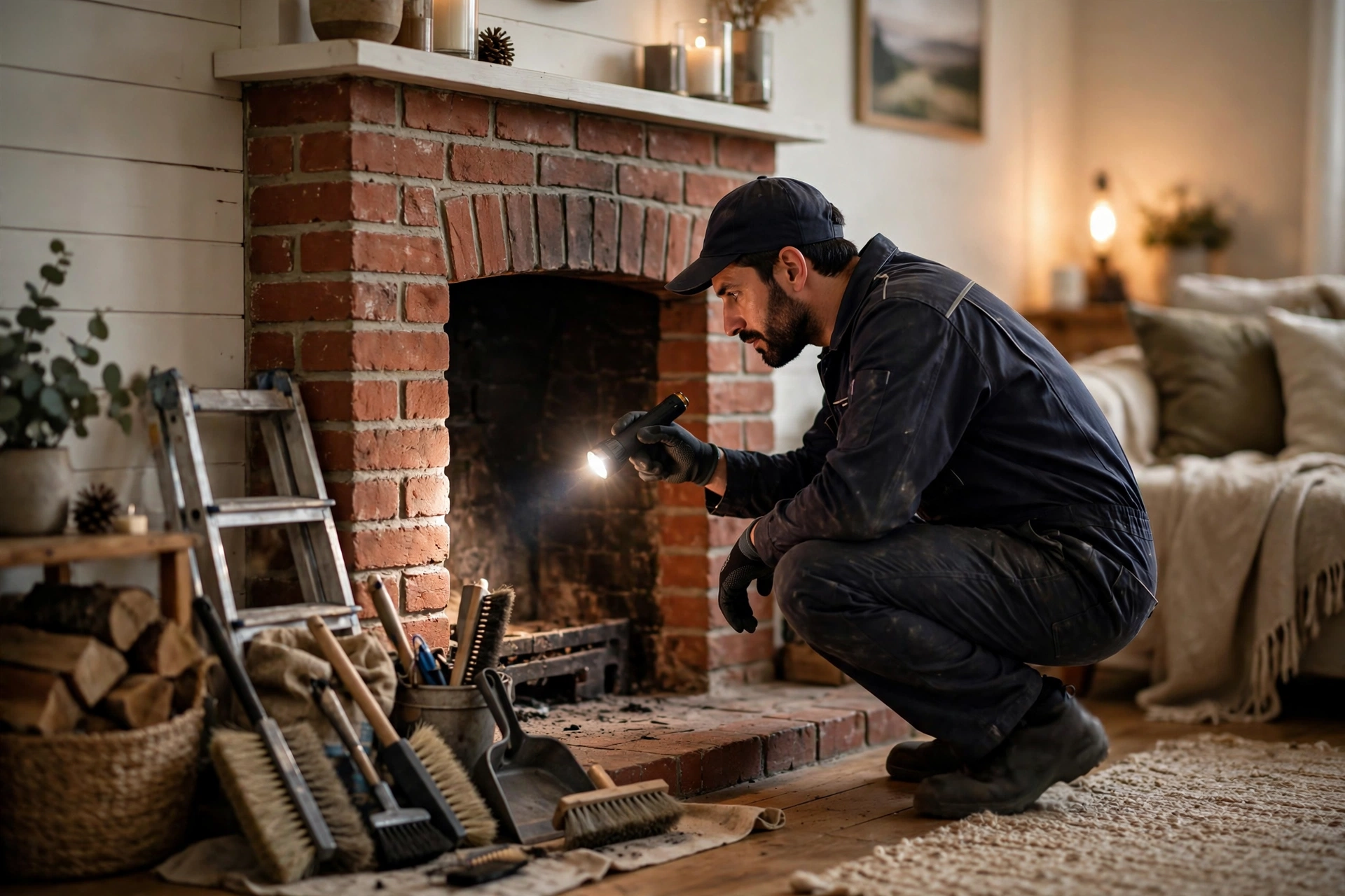 Chimney sweep technician in uniform inspecting a brick fireplace firebox with a flashlight