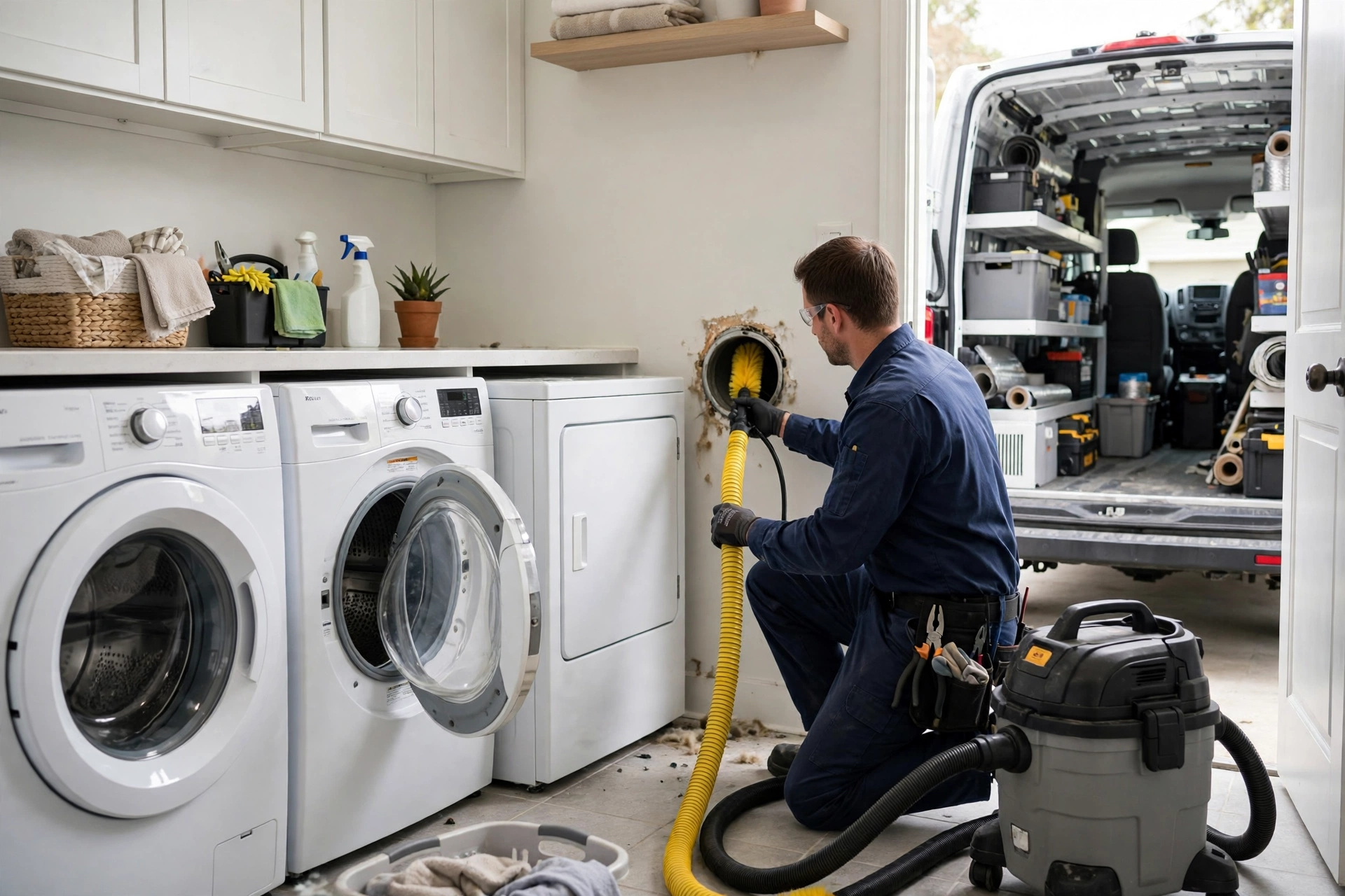 Restoration technician cleaning a dryer vent in a New Orleans laundry room