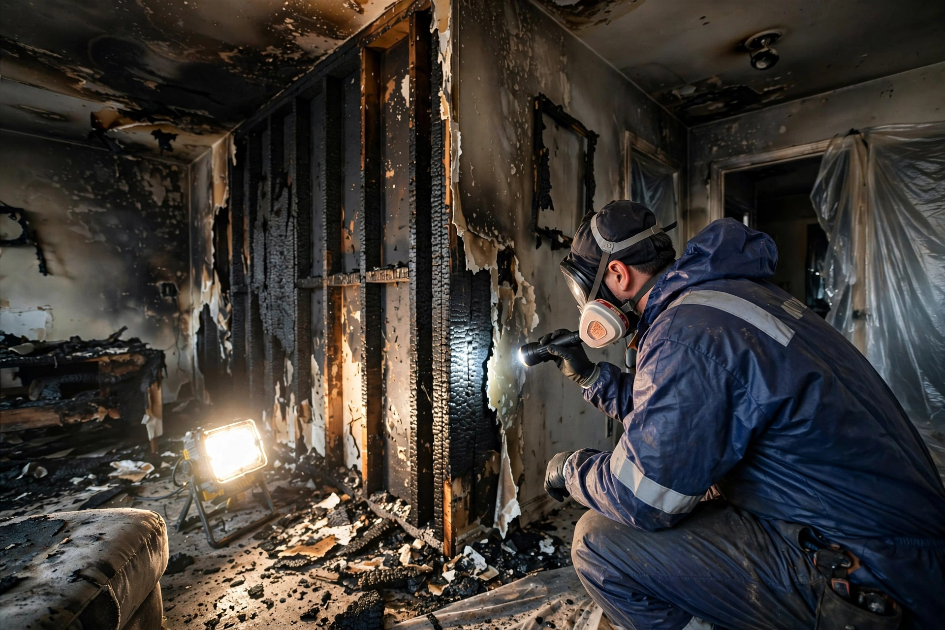Fire Damage restoration technician in protective gear inspecting charred walls with a flashlight