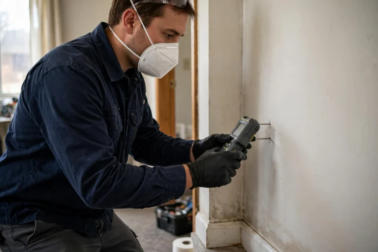 Certified mold inspector in protective gear checking a wall for mold during a home inspection in New Orleans
