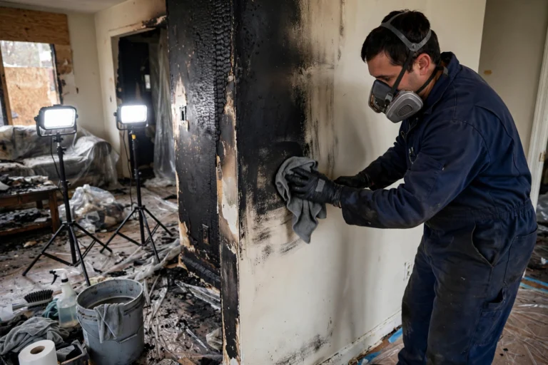 Restoration technician in protective gear wiping soot from a wall after a house fire