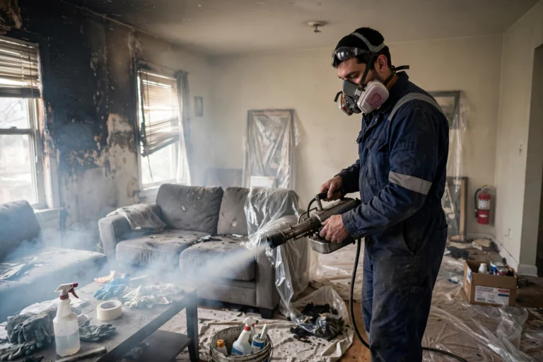 Restoration technician using fogging equipment for smoke odor removal in a New Orleans home