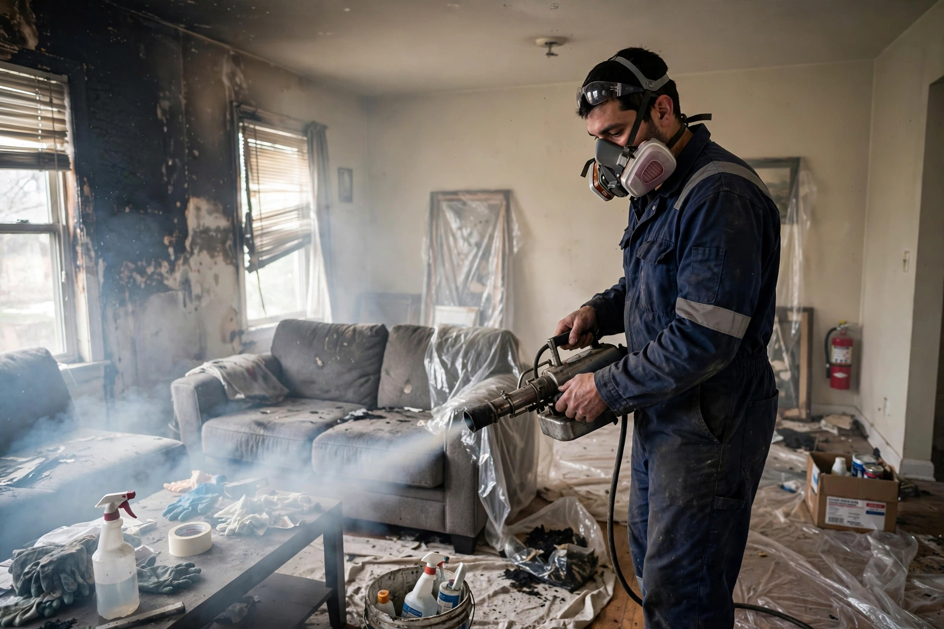Restoration technician using fogging equipment for smoke odor removal in a New Orleans home