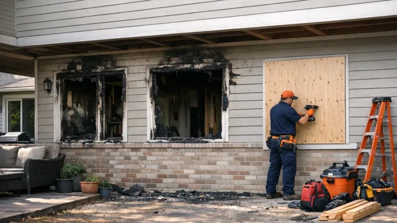 Worker boarding up a fire-damaged house in New Orleans