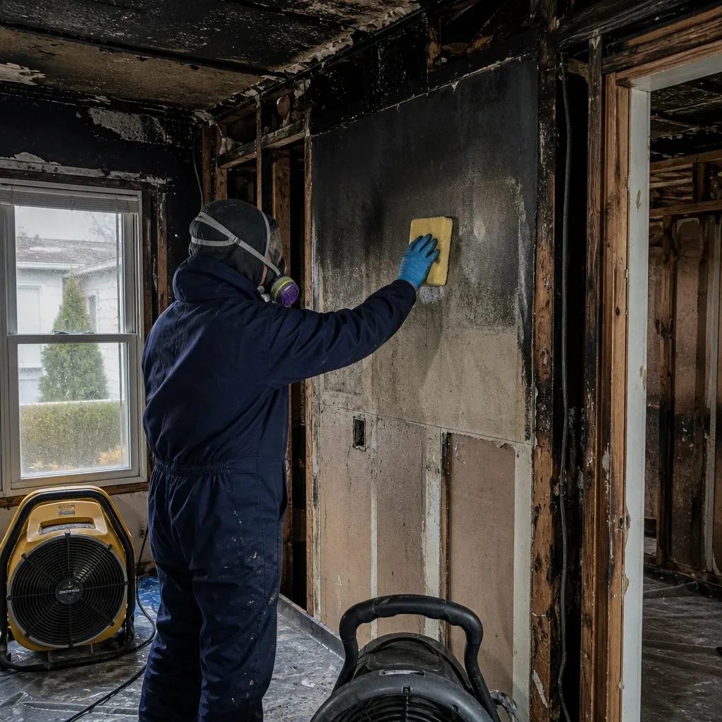 Technician cleaning soot damage in a fire-damaged New Orleans home