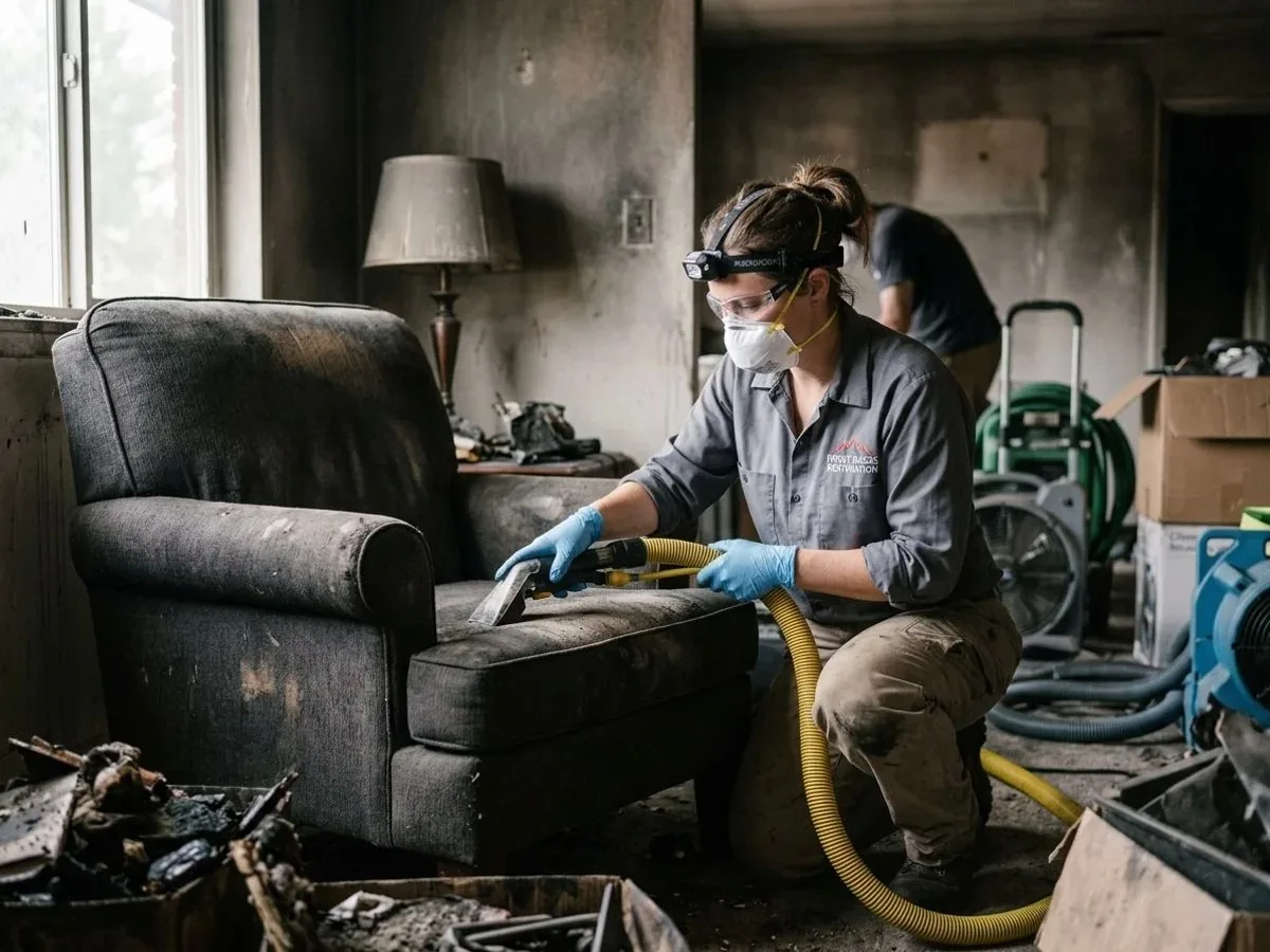 Technician restoring smoke-damaged furniture in New Orleans