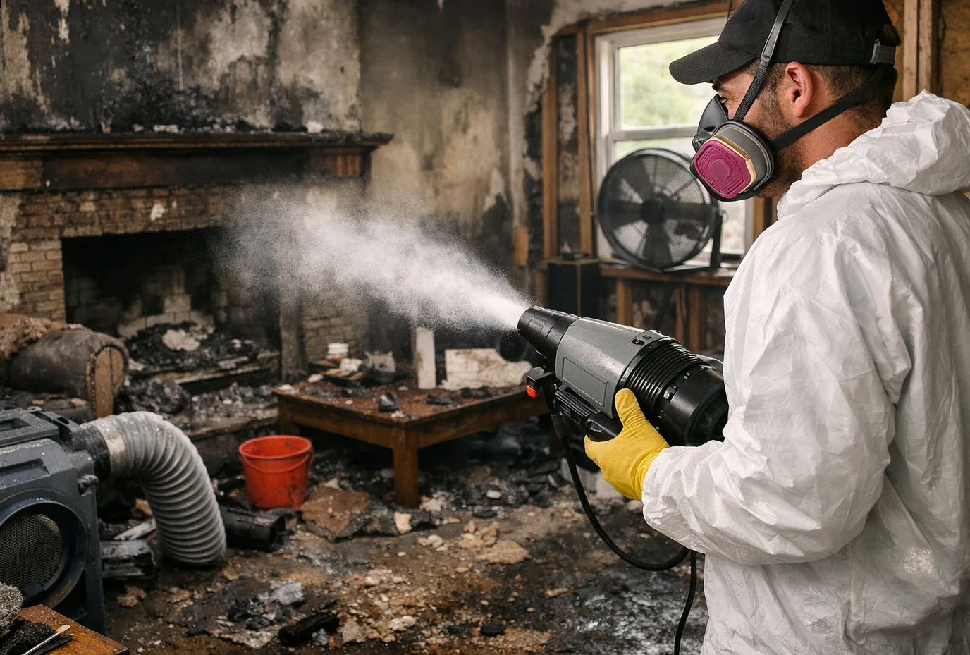 Technician fogging for smoke odor removal in fire-damaged New Orleans home