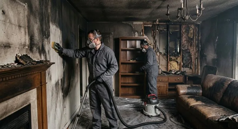 Technicians cleaning soot damage in a fire-damaged New Orleans home