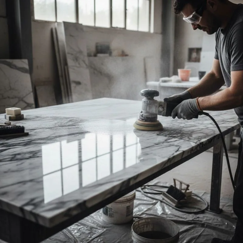 Craftsman honing a marble countertop in New Orleans