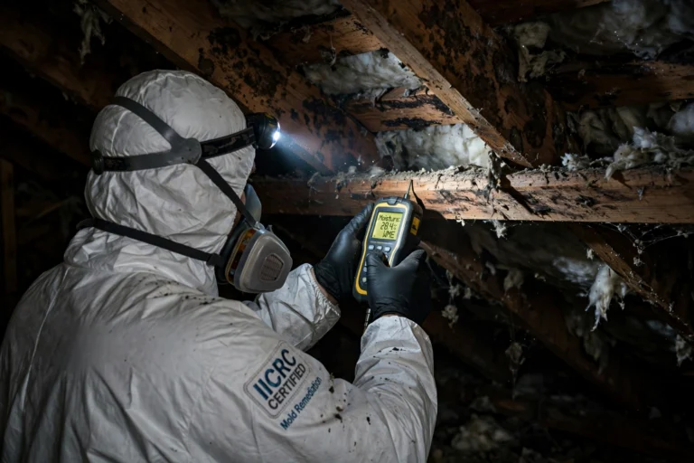 Mold remediation technician in protective gear inspecting attic rafters for mold with a moisture meter