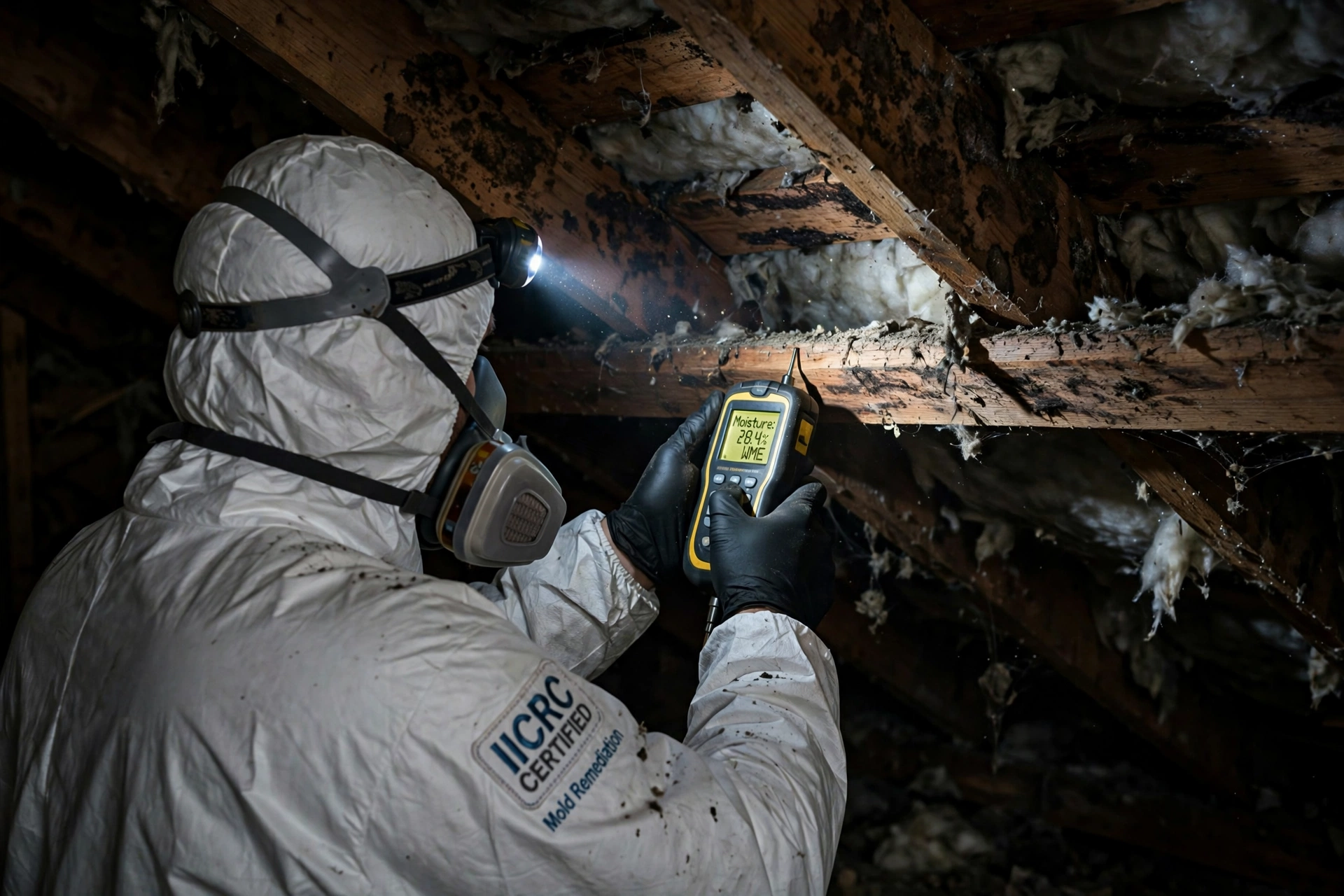 Mold remediation technician in protective gear inspecting attic rafters for mold with a moisture meter