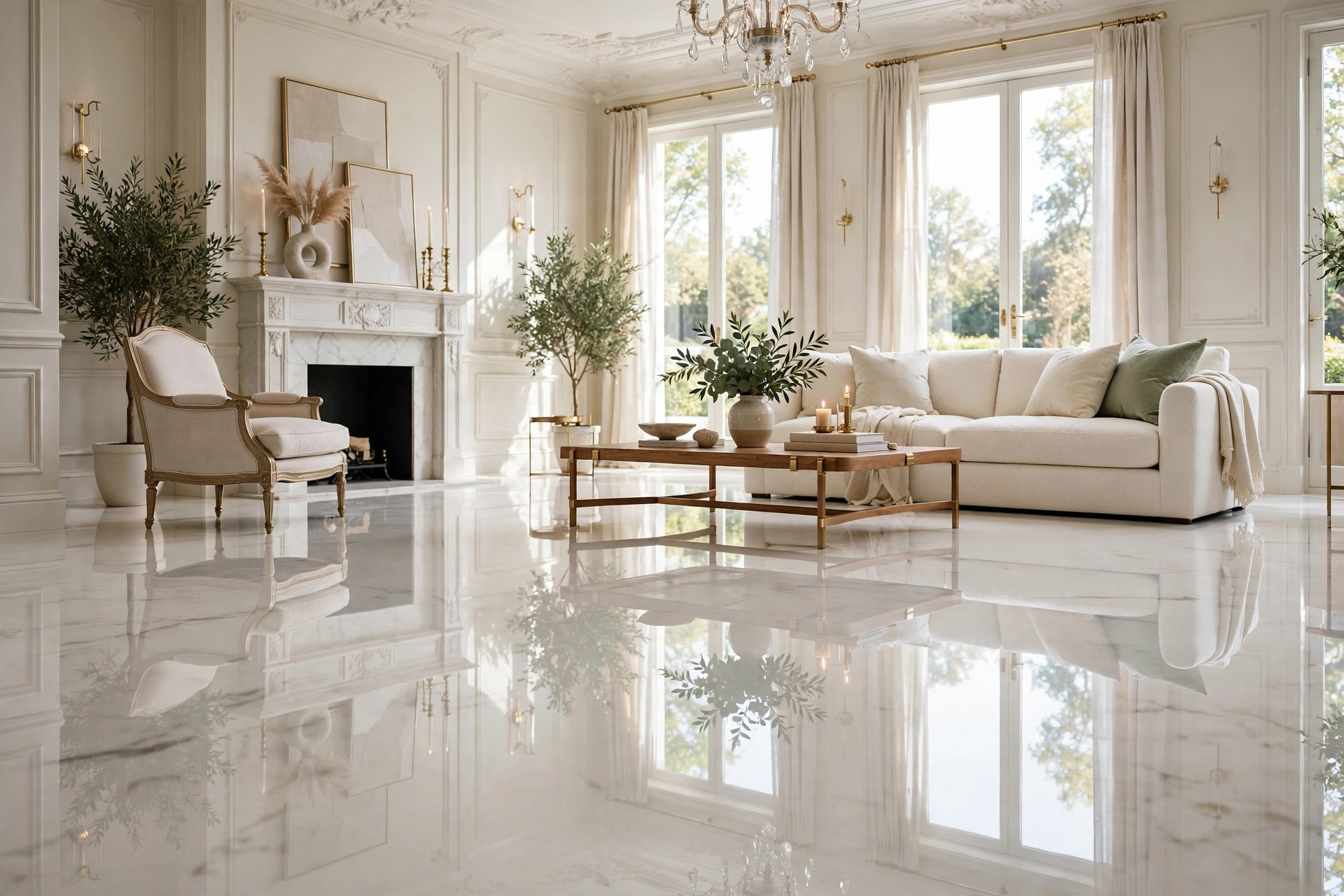 Glossy marble floor after restoration