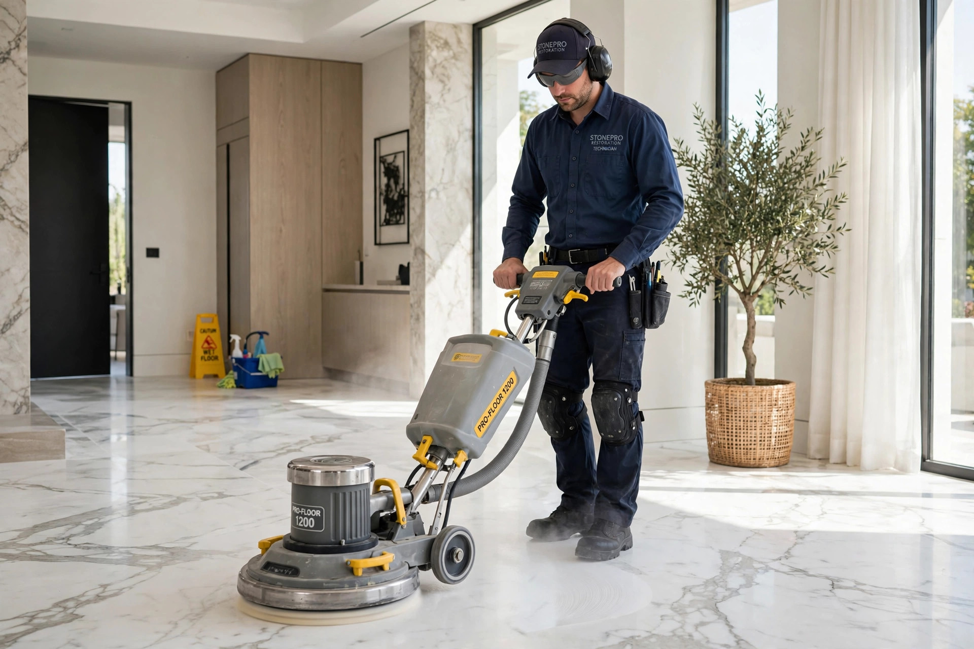 Technician polishing marble with professional equipment