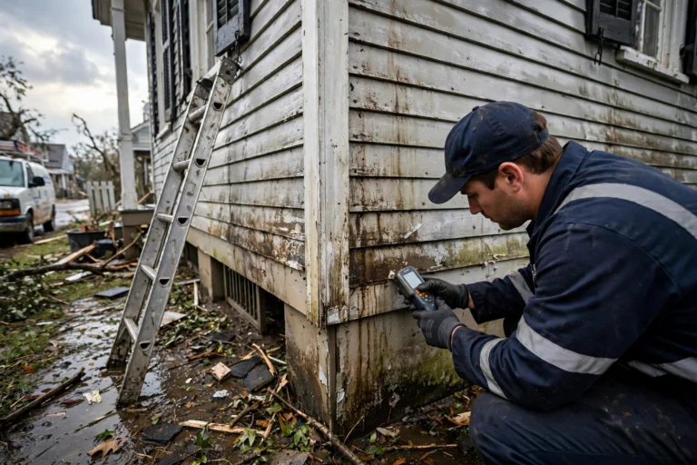 Restoration technician checking a New Orleans home's siding for moisture after Hurricane Isaias