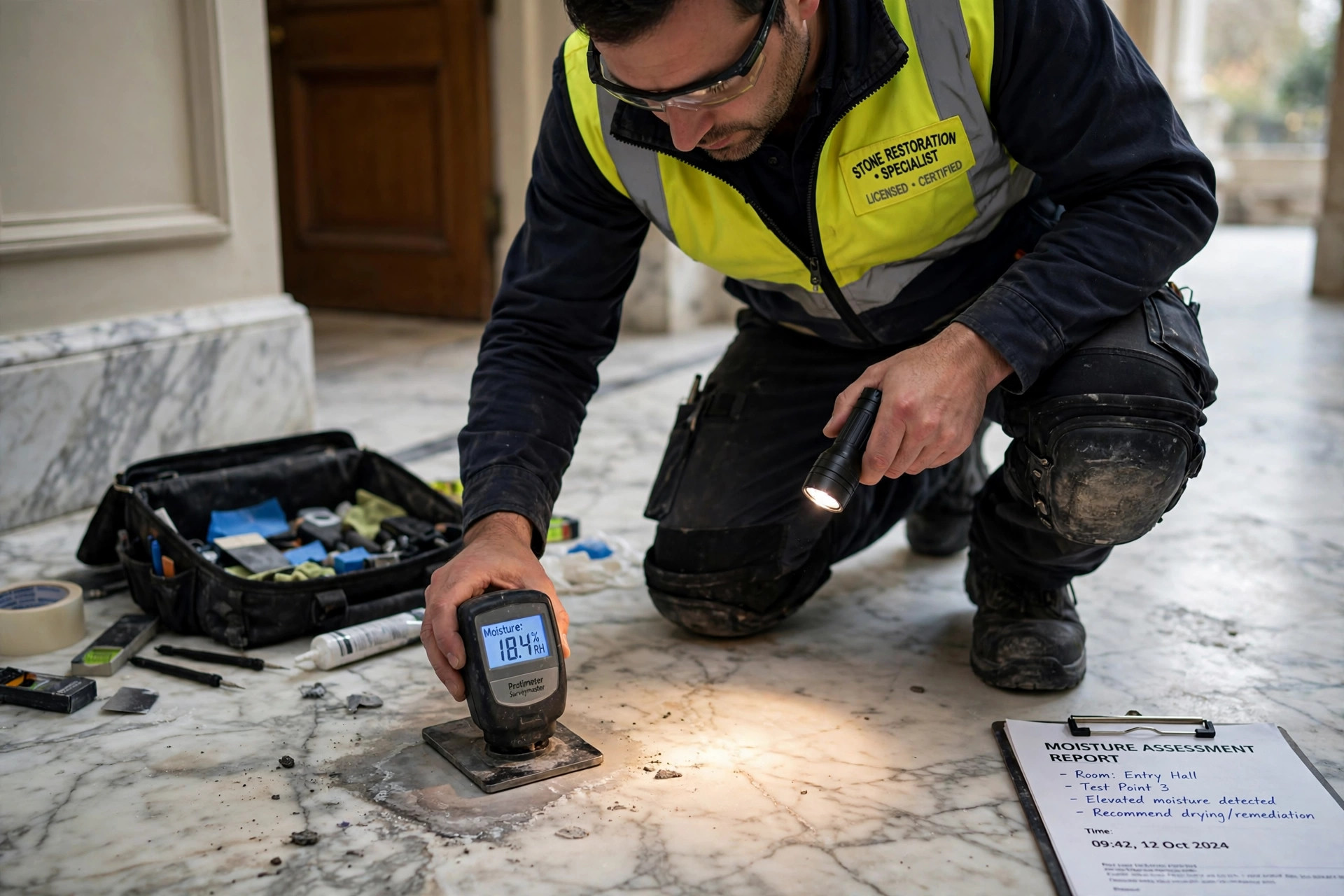 Stone restoration specialist inspecting a marble floor