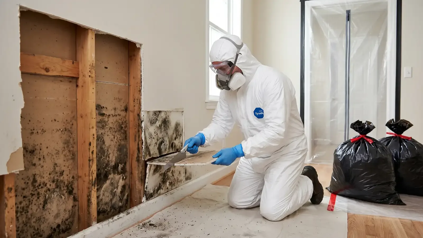 Technician removing mold-damaged drywall in New Orleans