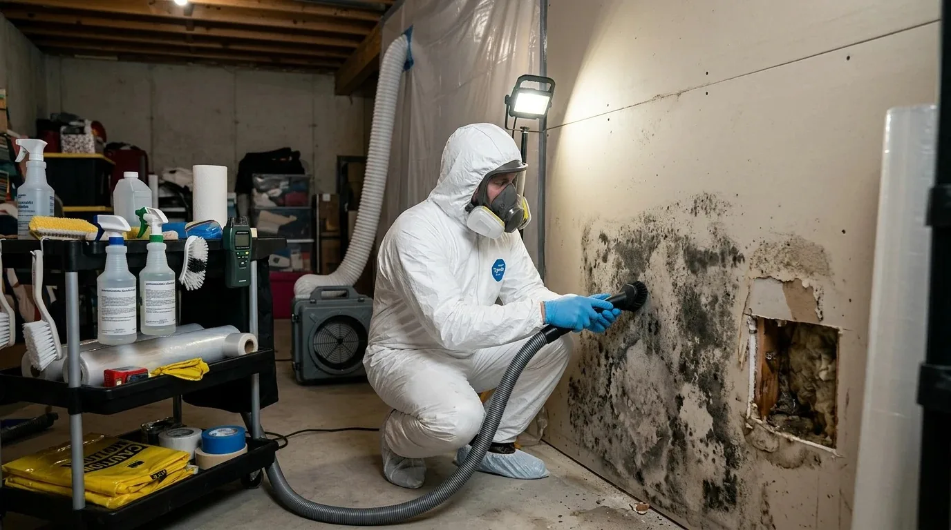 Technician in protective gear remediating mold in New Orleans