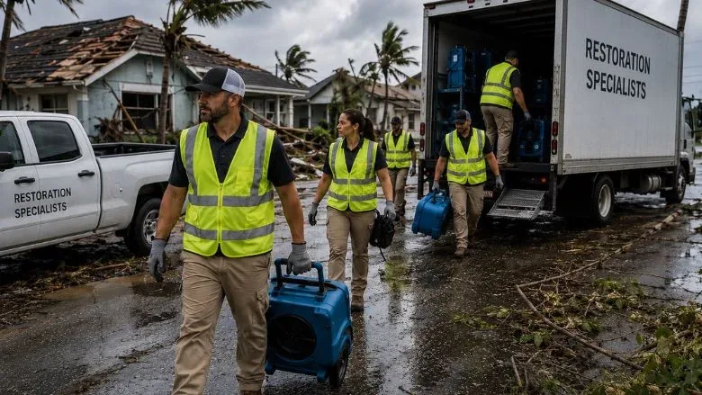 Restoration crew arriving at a storm-damaged New Orleans home