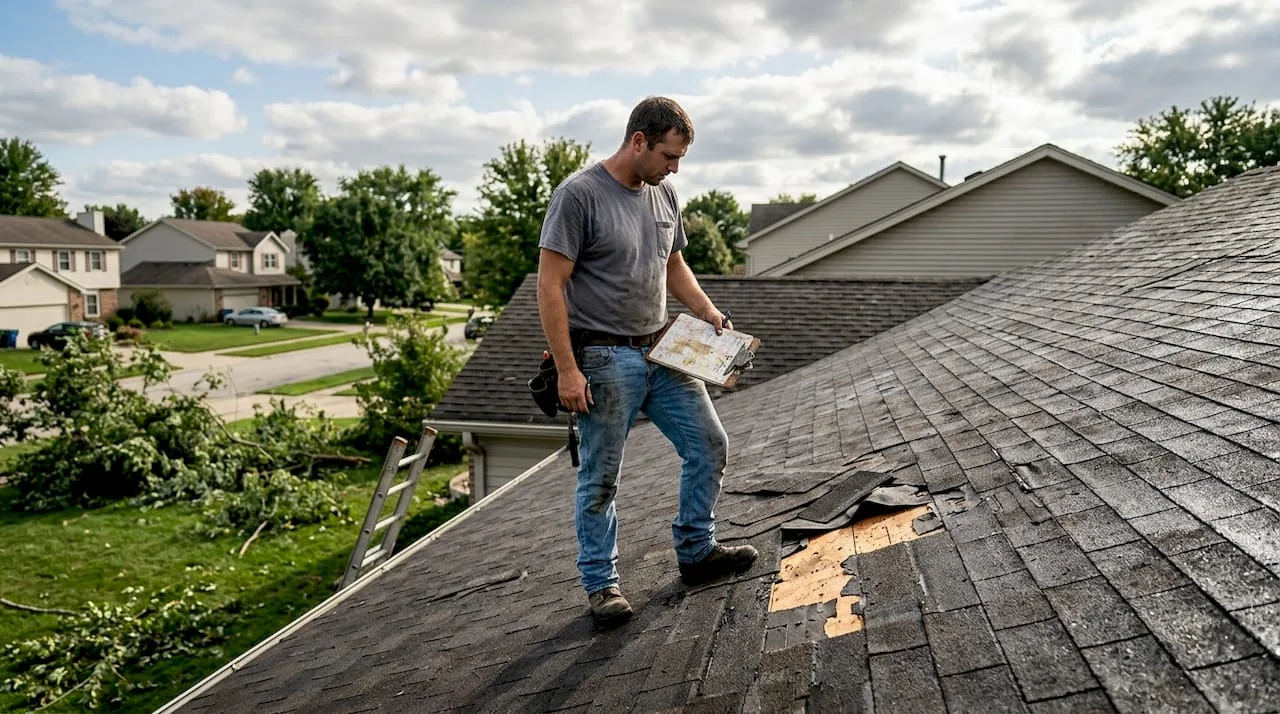 Technician inspecting storm-damaged roof in New Orleans