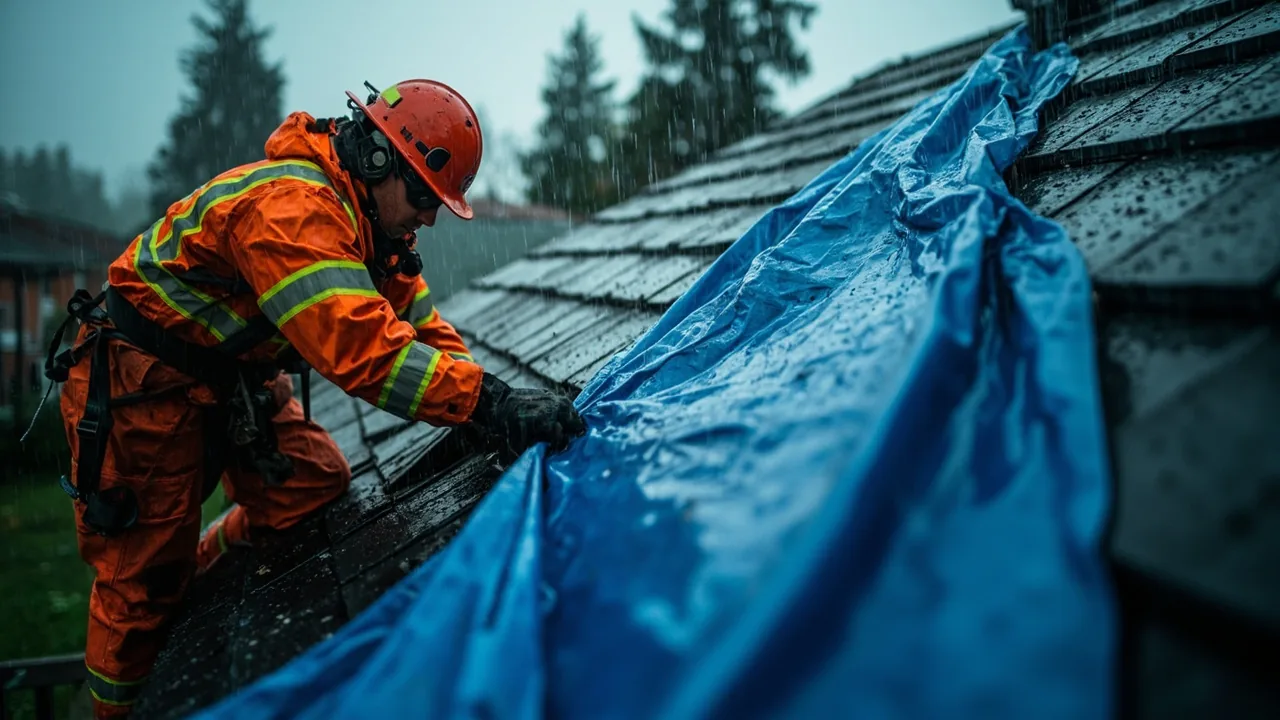 Worker tarping a storm-damaged roof in New Orleans