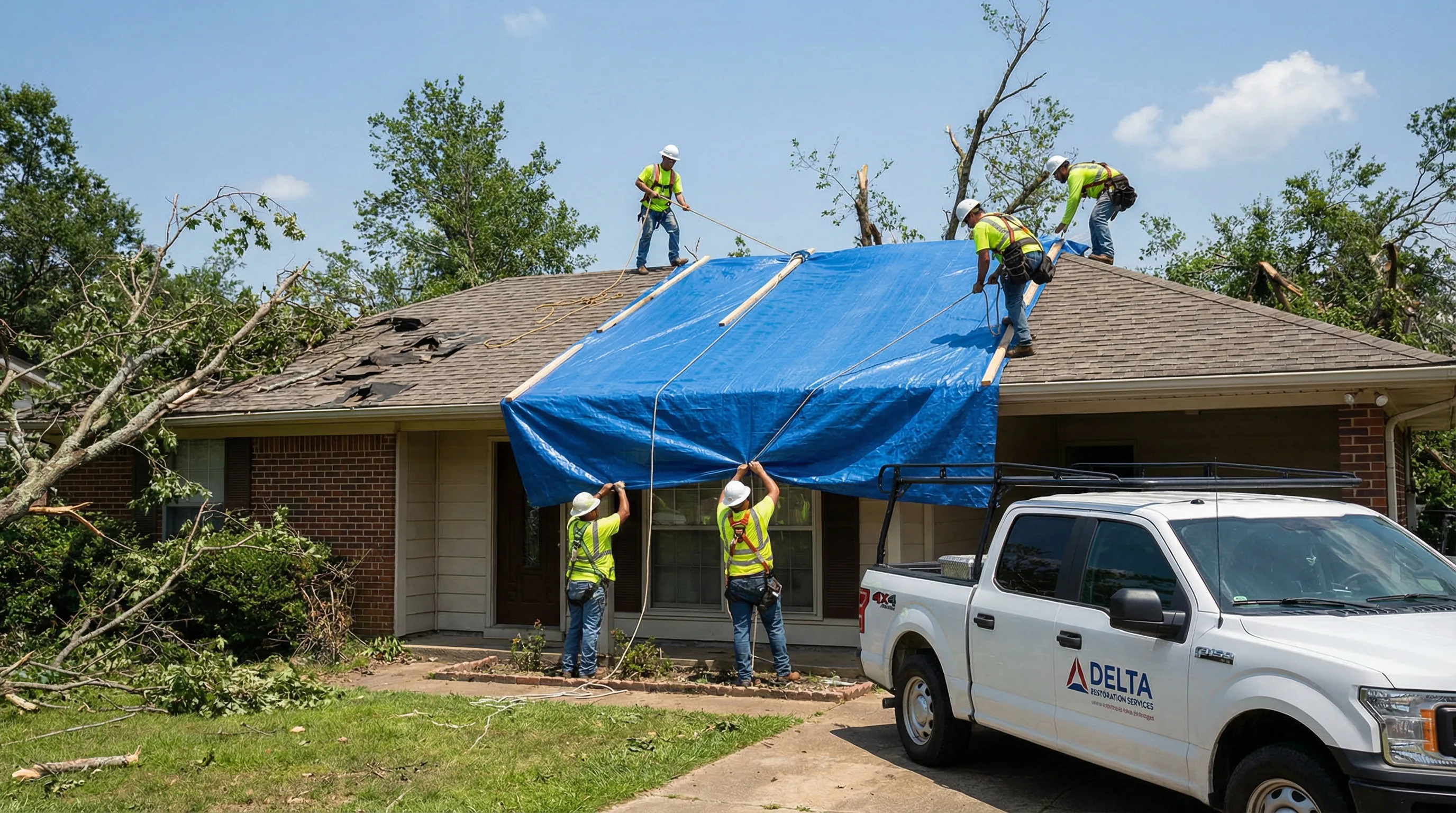 Restoration team working on a storm-damaged New Orleans home