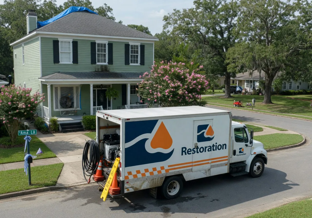 Restoration truck staged at a New Orleans home after a storm