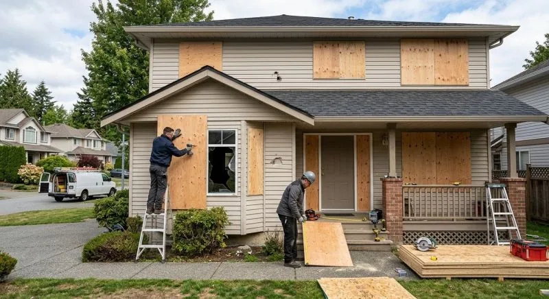 Crew boarding up windows for storm protection in New Orleans