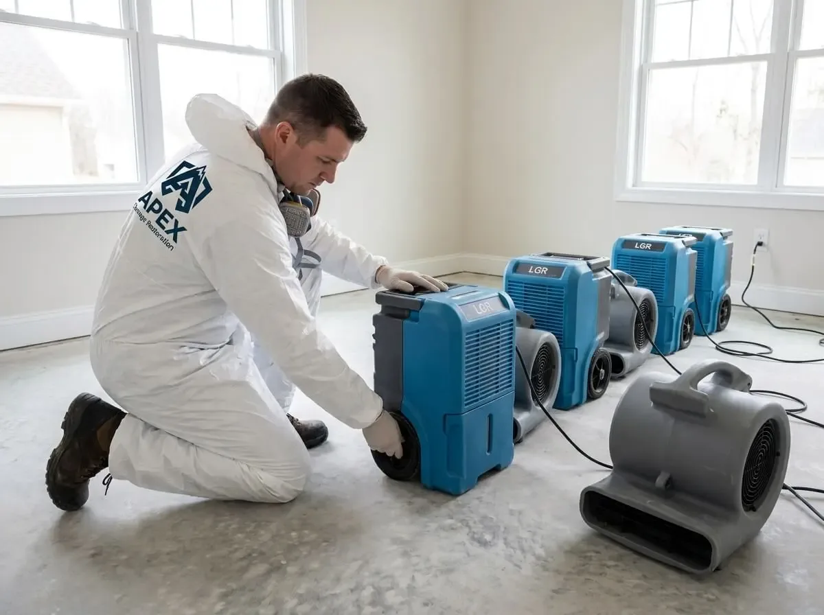 Technicians setting up dehumidifiers and air movers for water damage drying in New Orleans
