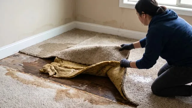 Worker removing wet carpet during water damage restoration in New Orleans