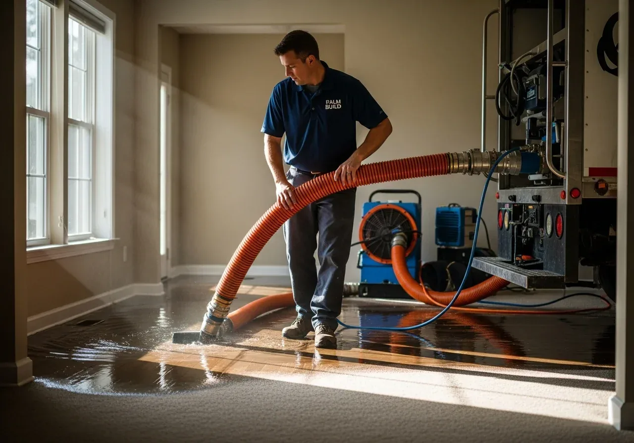 Technician operating truck-mounted water extraction in a New Orleans home